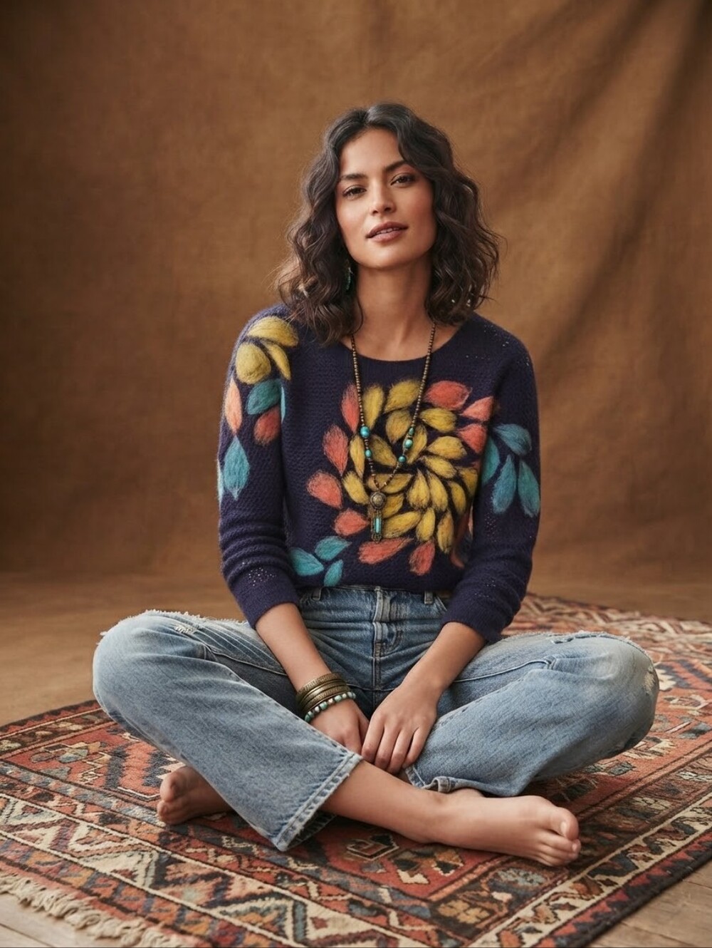 Anthropologie Troubadour Bloom Navy 100% Wool Felted Floral Crewneck Sweater